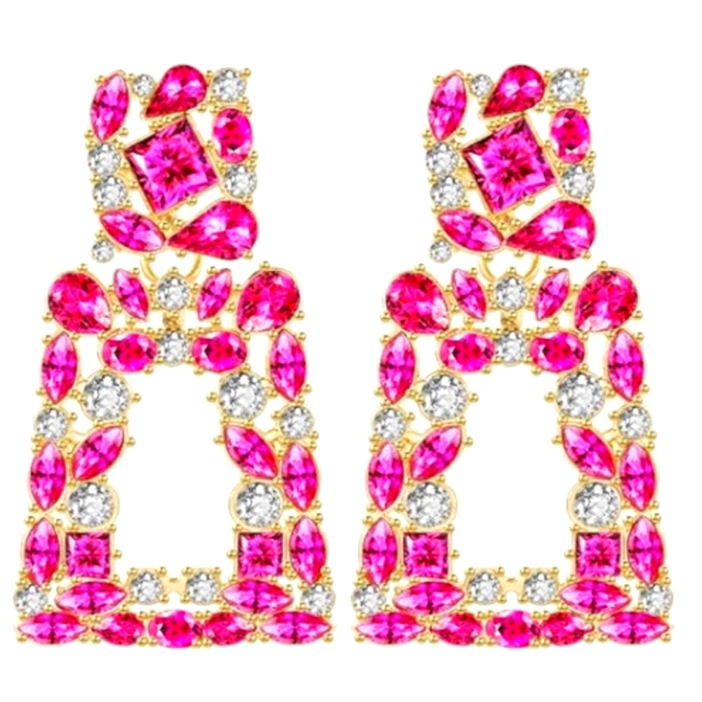 🆕 Bright Pink Rhinestone Crystal Gold Geometric Dangle Statement Earrings